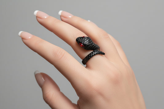 Ring - Black Textured - Serpent Snake - Wrap - Red Crystal Eyes - Size 10