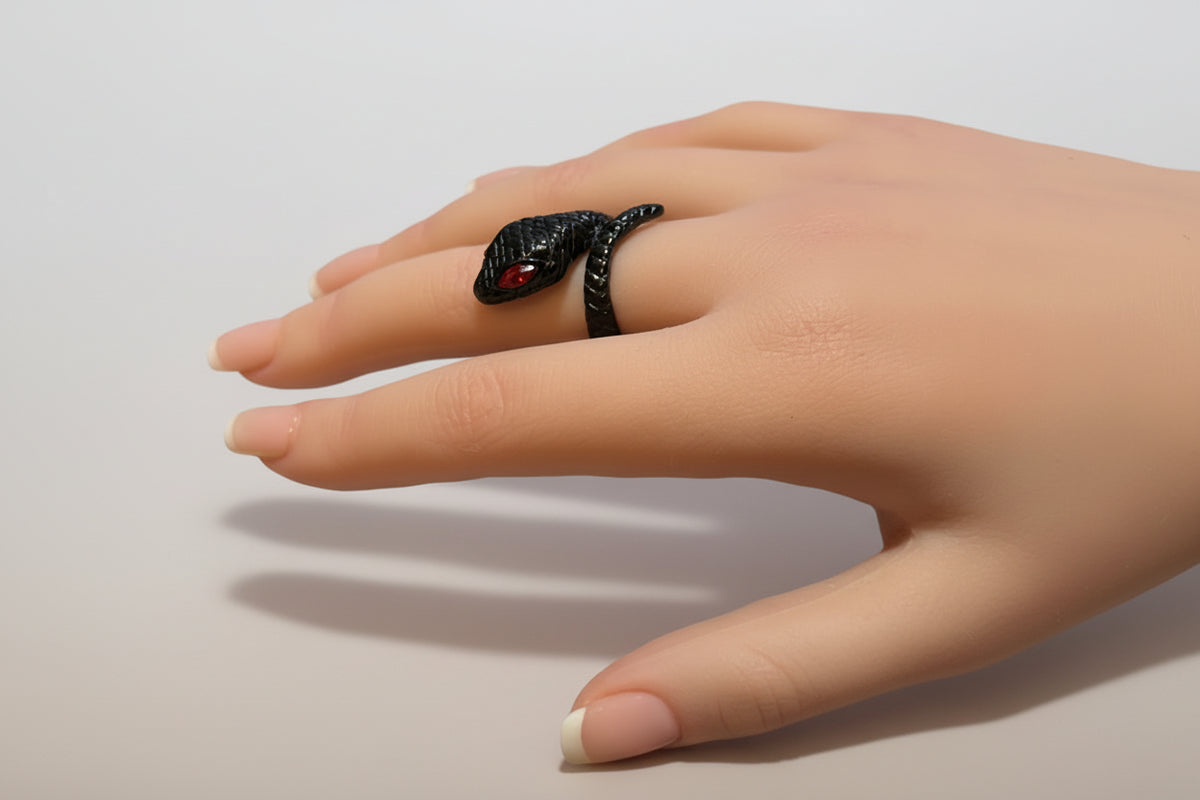 Ring - Black Textured - Serpent Snake - Wrap - Red Crystal Eyes - Size 10