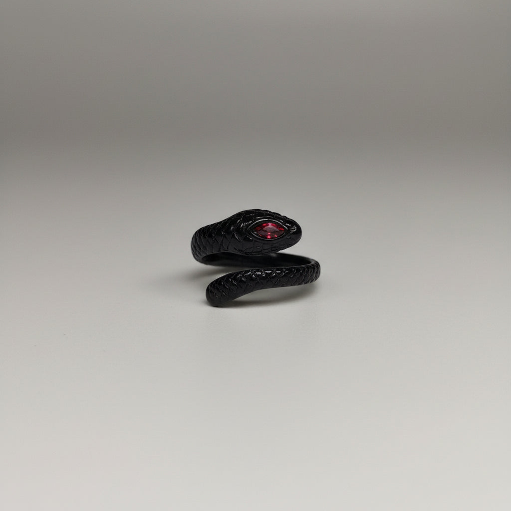 Ring - Black Textured - Serpent Snake - Wrap - Red Crystal Eyes - Size 10