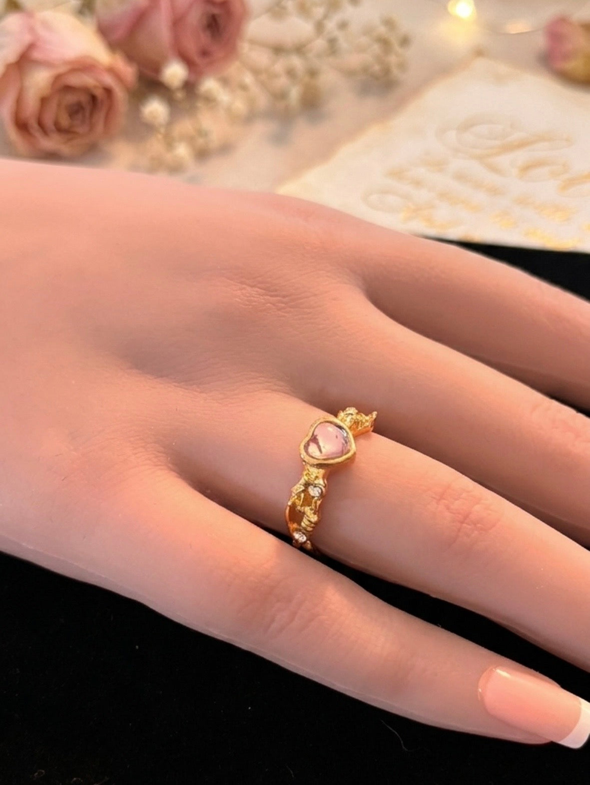 Ring - Open Ended Band - a Central Pink Heart Shaped Stone - Textured Molten Gold Plated Finish