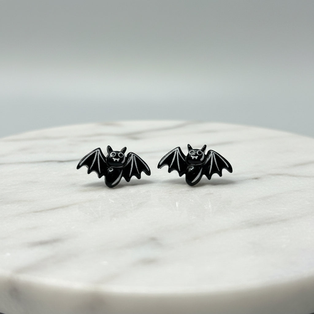 Earrings - Cute - Black - Bat - Studded - Handmade