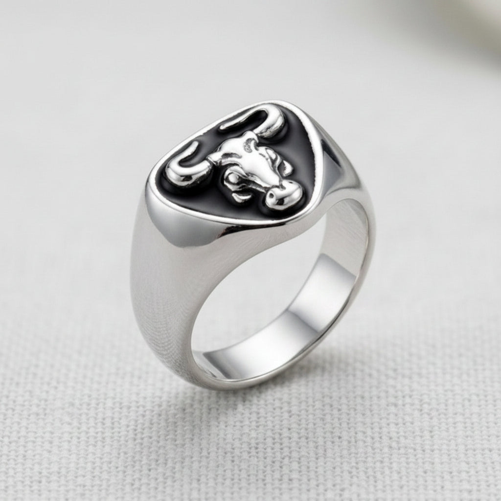 Ring - Silvertone Open Ended Taurus Zodiac Signet Ring - Size 8.5