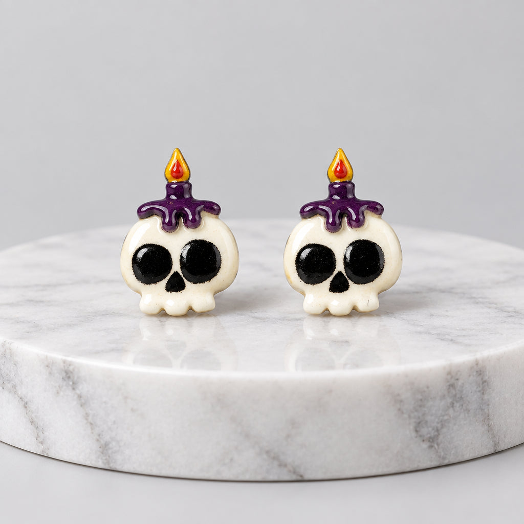Earrings - Handmade - Skull and Candle on it's Head - Stud