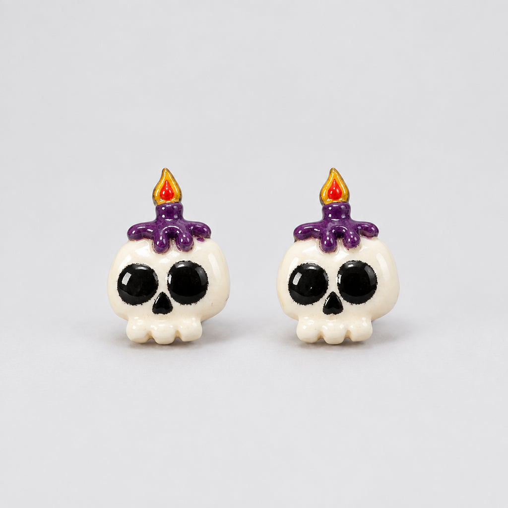 Earrings - Handmade - Skull and Candle on it's Head - Stud