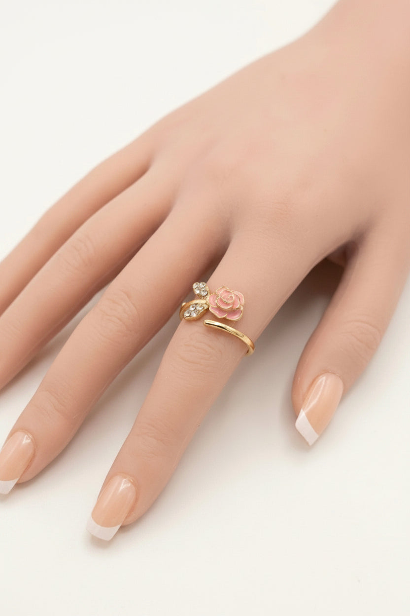 Ring - Pink Rose Themed Adjustable Gold Tone with Rhinestone Accents - Size 8