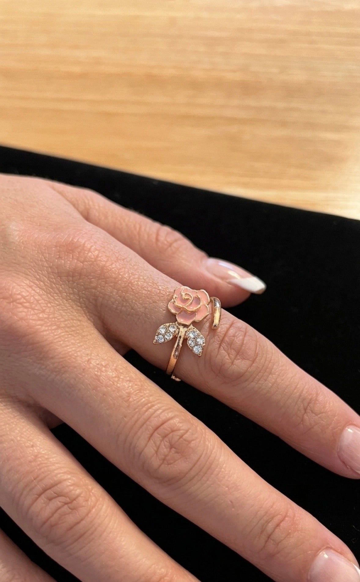 Ring - Pink Rose Themed Adjustable Gold Tone with Rhinestone Accents - Size 8