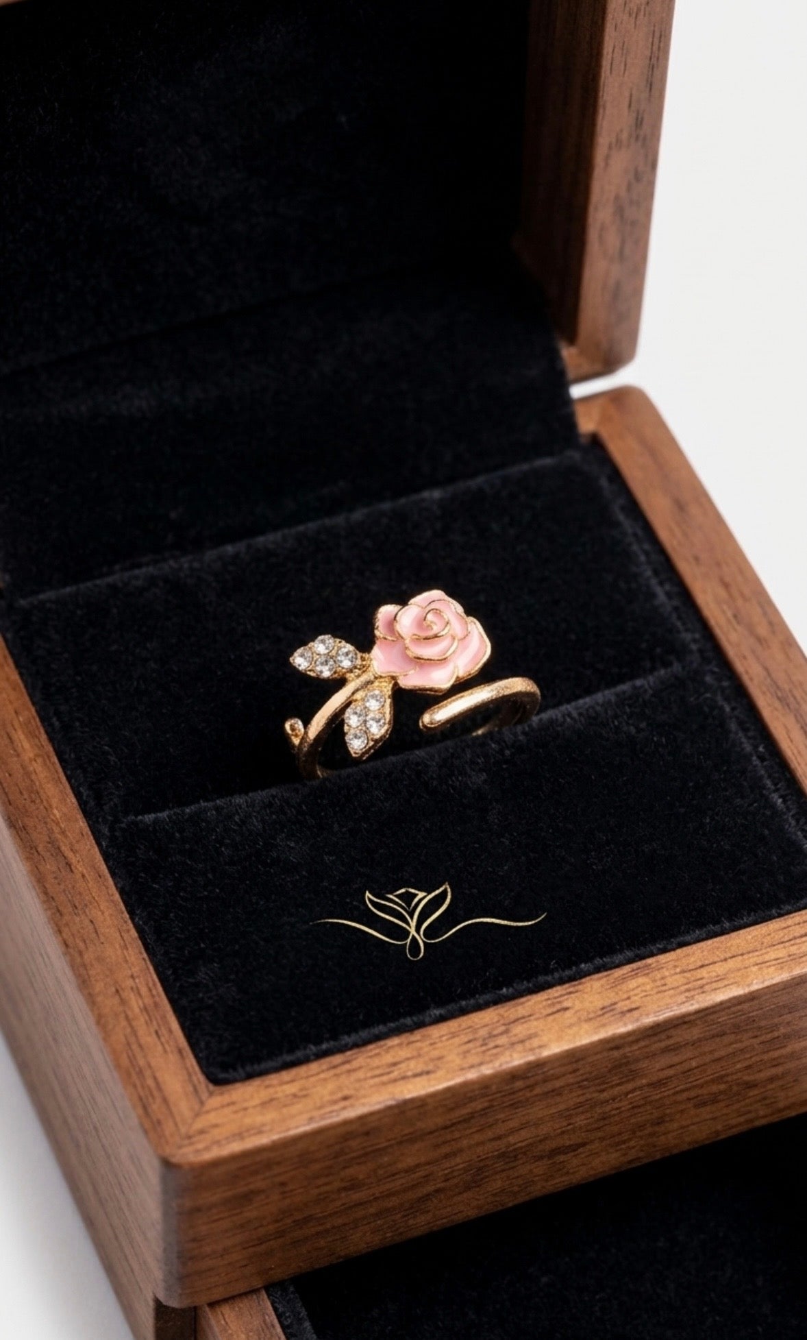 Ring - Pink Rose Themed Adjustable Gold Tone with Rhinestone Accents - Size 8