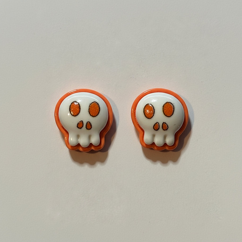 Earrings - Orange & White - Skull - Studded - Handmade
