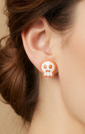 Earrings - Orange & White - Skull - Studded - Handmade
