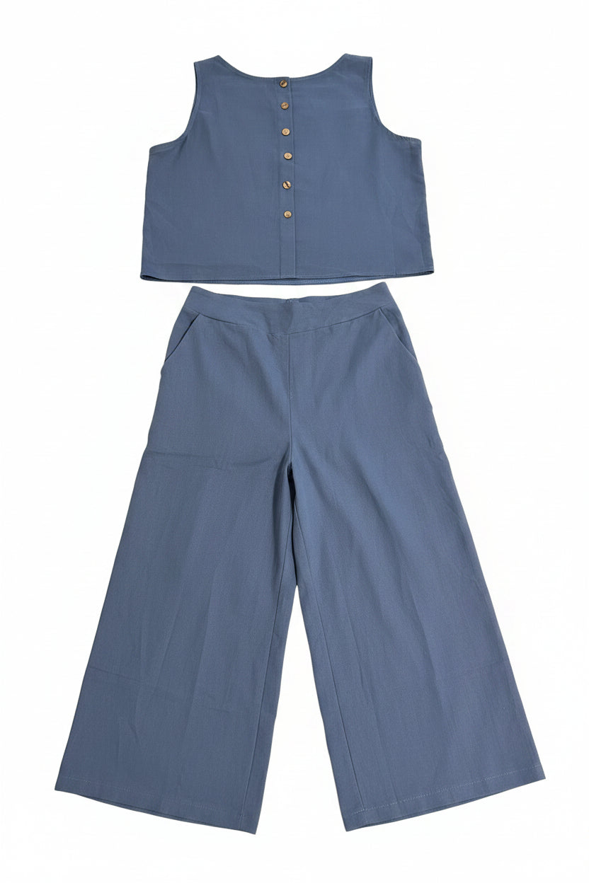Ladies Two Piece Set - Sleeveless Boxy Top with Blue Gaucho Pants
