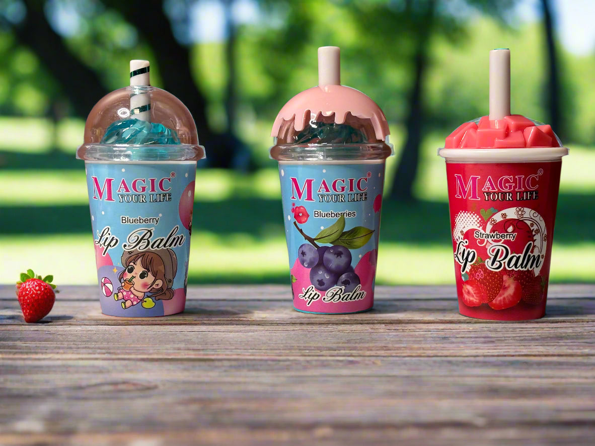 Lip Balm - Set of 3 - Resembling Refreshing Drink Cups in Strawberry and Blueberry Flavors