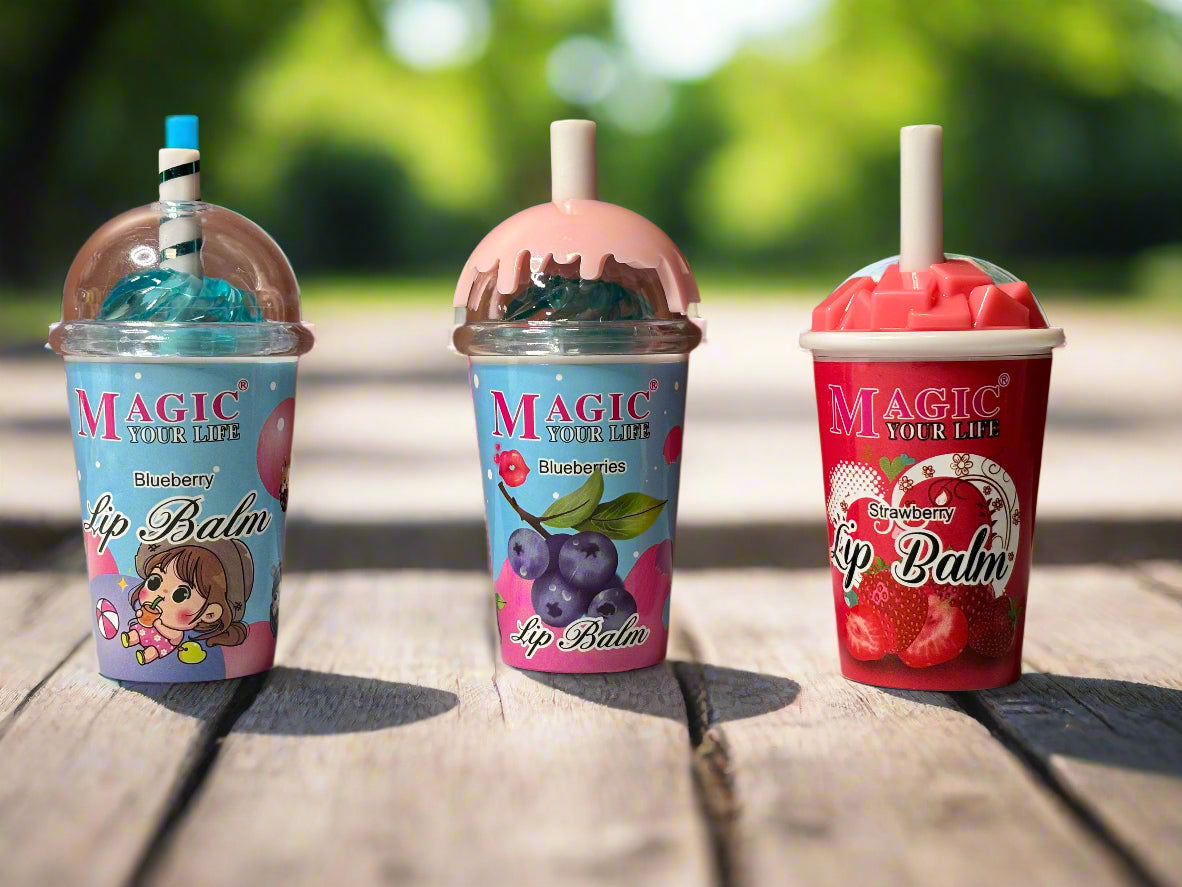 Lip Balm - Set of 3 - Resembling Refreshing Drink Cups in Strawberry and Blueberry Flavors