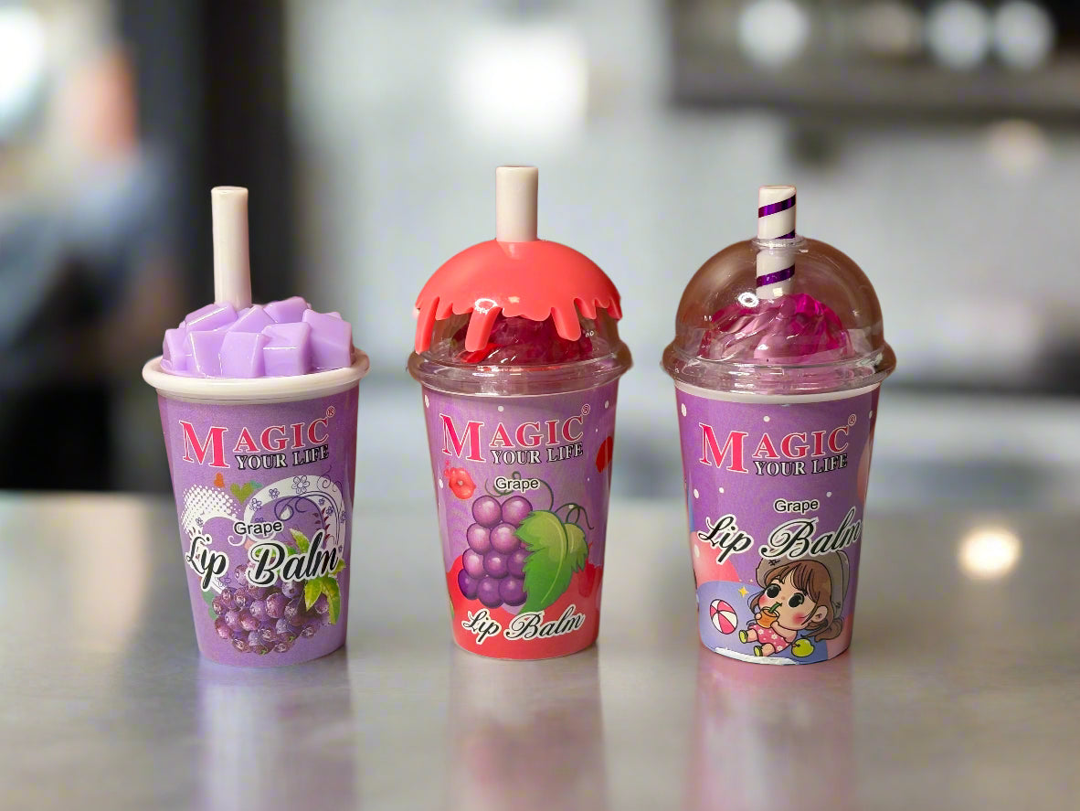 Lip Balm - Set of 3 - Resembling Refreshing Drink Cups in Grape Flavor