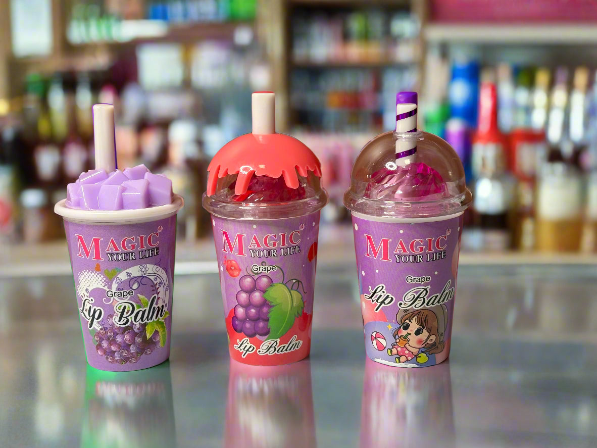 Lip Balm - Set of 3 - Resembling Refreshing Drink Cups in Grape Flavor