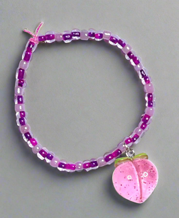 Handmade - 6" Stretch Beaded Bracelet with Pink Peach Charm