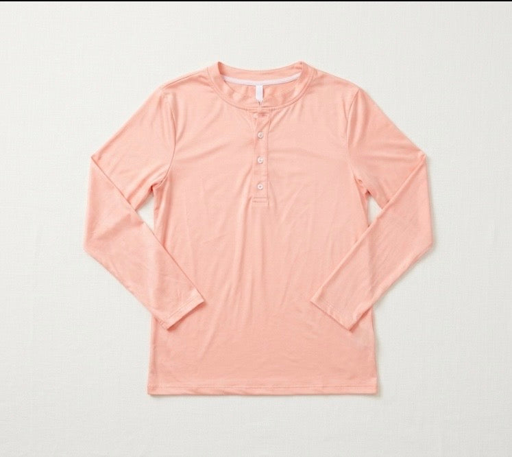 Blouse - Ladies Coral Long Sleeve Button Down T-shirt Scoop Neck - Medium