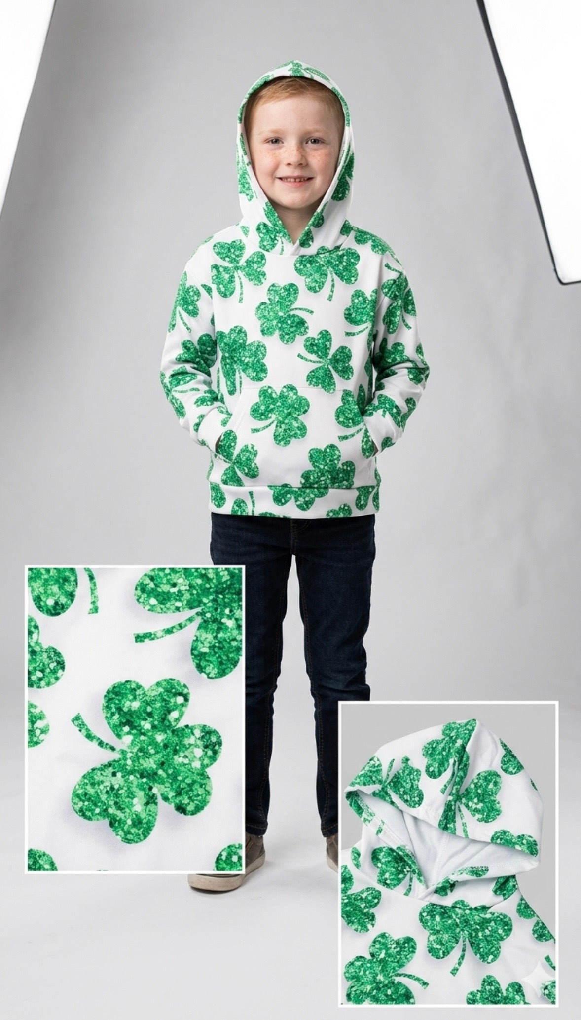 Hoodie Children's - Shamrock Clover with Kangaroo Front Pocket - Children's US Size 7/8
