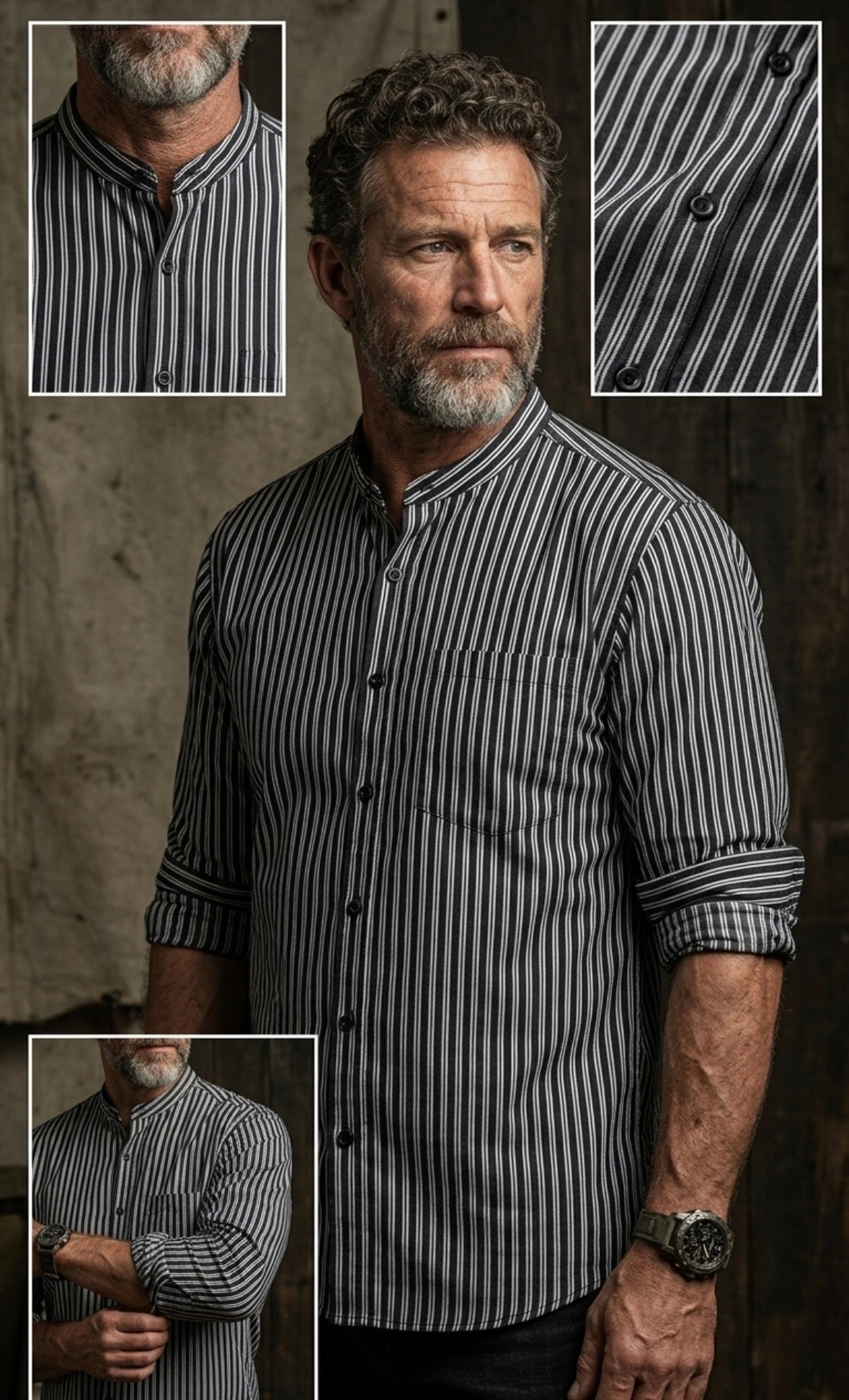 Unbranded - Men's Black & White Pinstripe Band Collar Shirt - Size XL