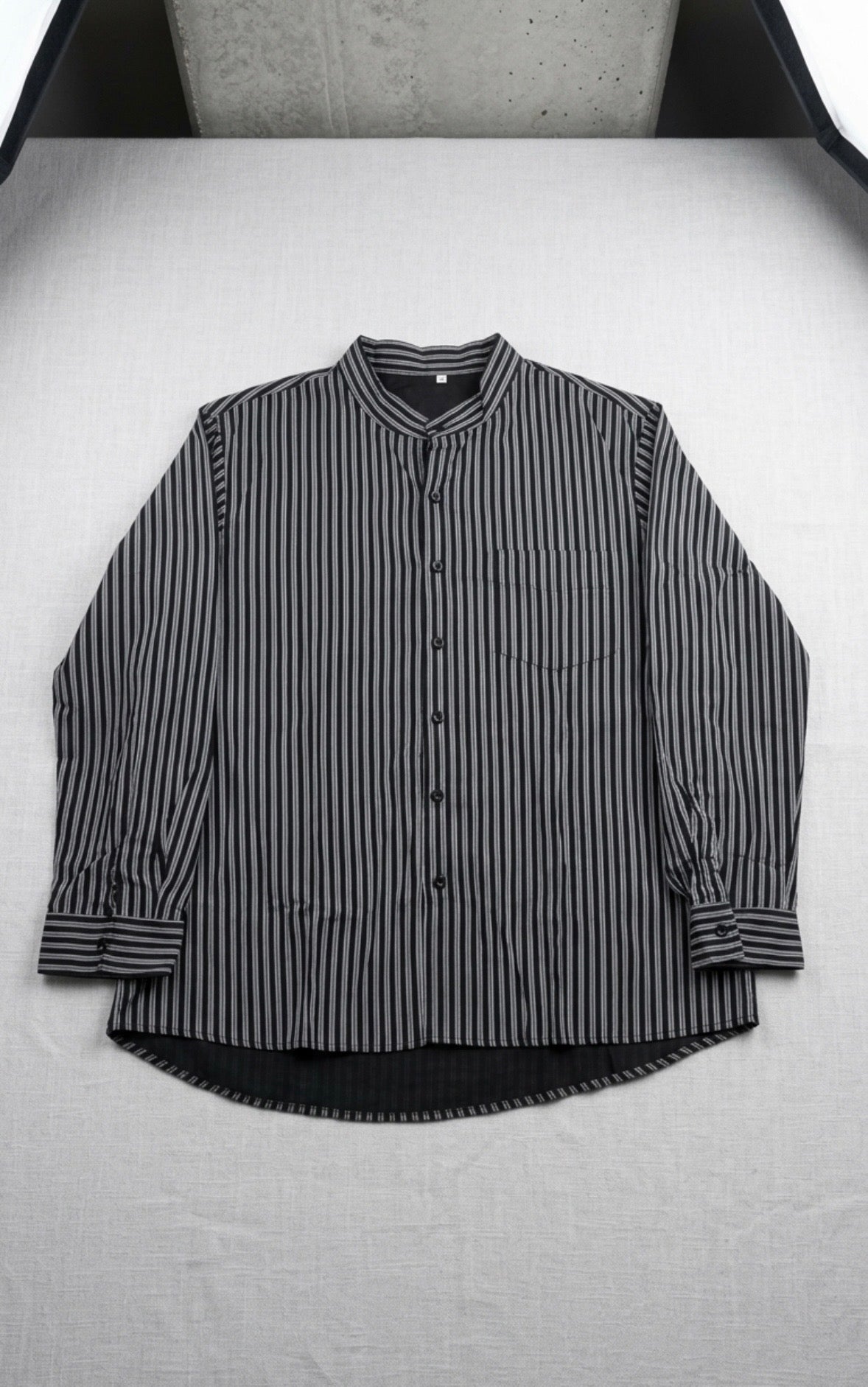 Unbranded - Men's Black & White Pinstripe Band Collar Shirt - Size XL
