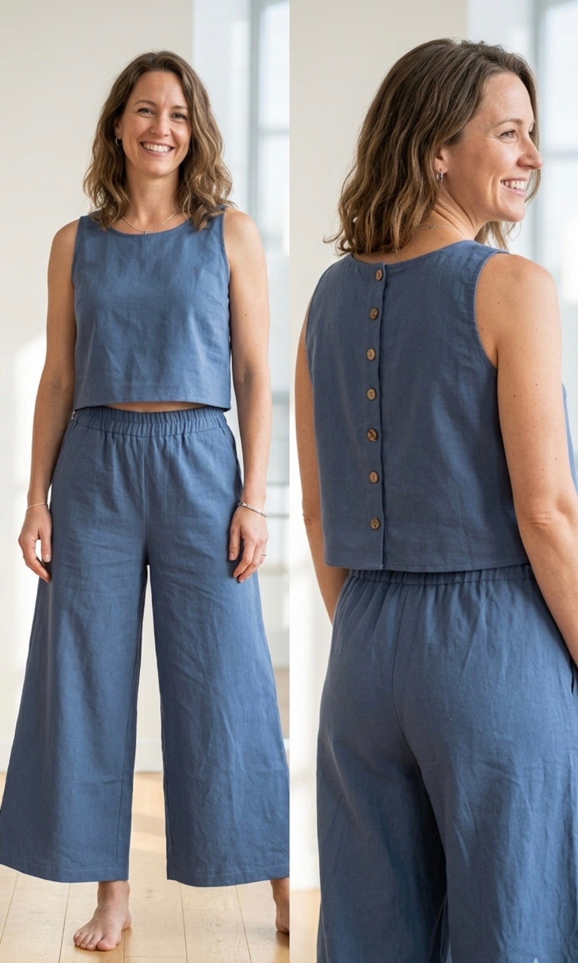 Ladies Two Piece Set - Sleeveless Boxy Top with Blue Gaucho Pants