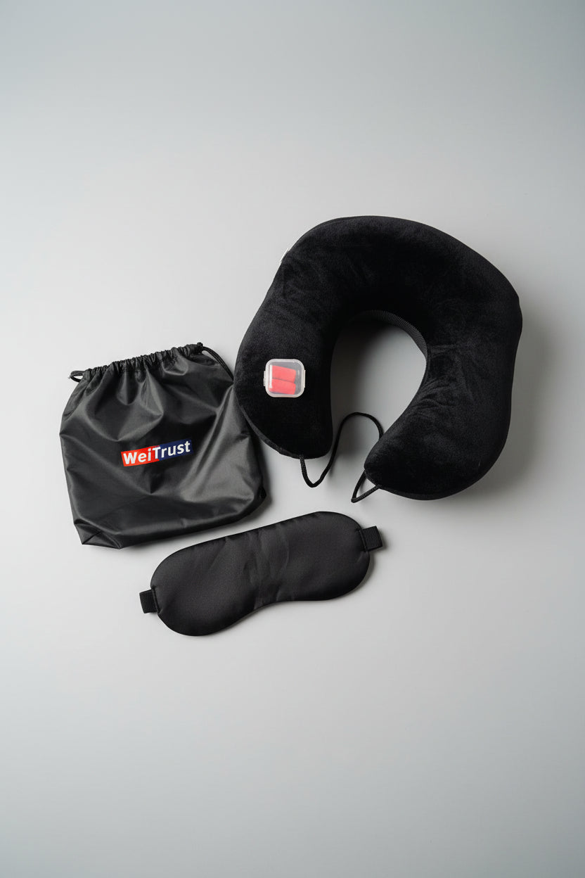 Travel Comfort Kit - U Shaped Memory Foam Neck Pillow, Sleep Mask, and Earplugs