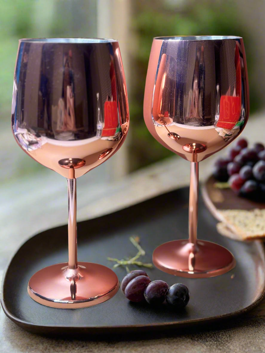 Wine Glasses - Set of 2 - Oak and Steel - Stainless Steel Wine Glasses in Rose Gold