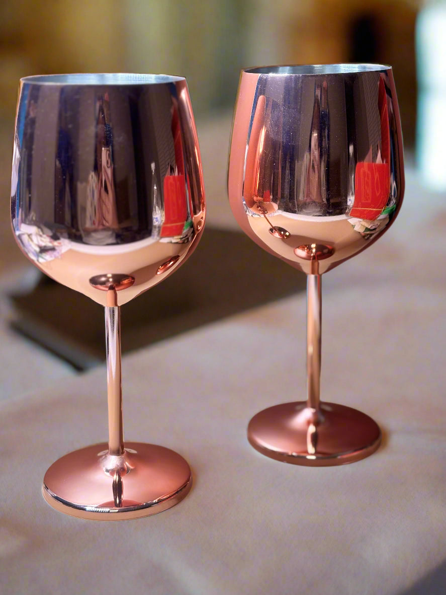 Wine Glasses - Set of 2 - Oak and Steel - Stainless Steel Wine Glasses in Rose Gold