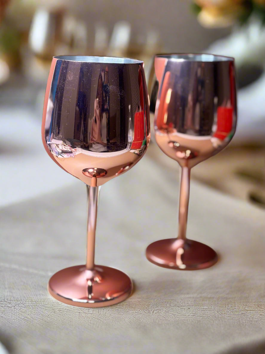 Wine Glasses - Set of 2 - Oak and Steel - Stainless Steel Wine Glasses in Rose Gold