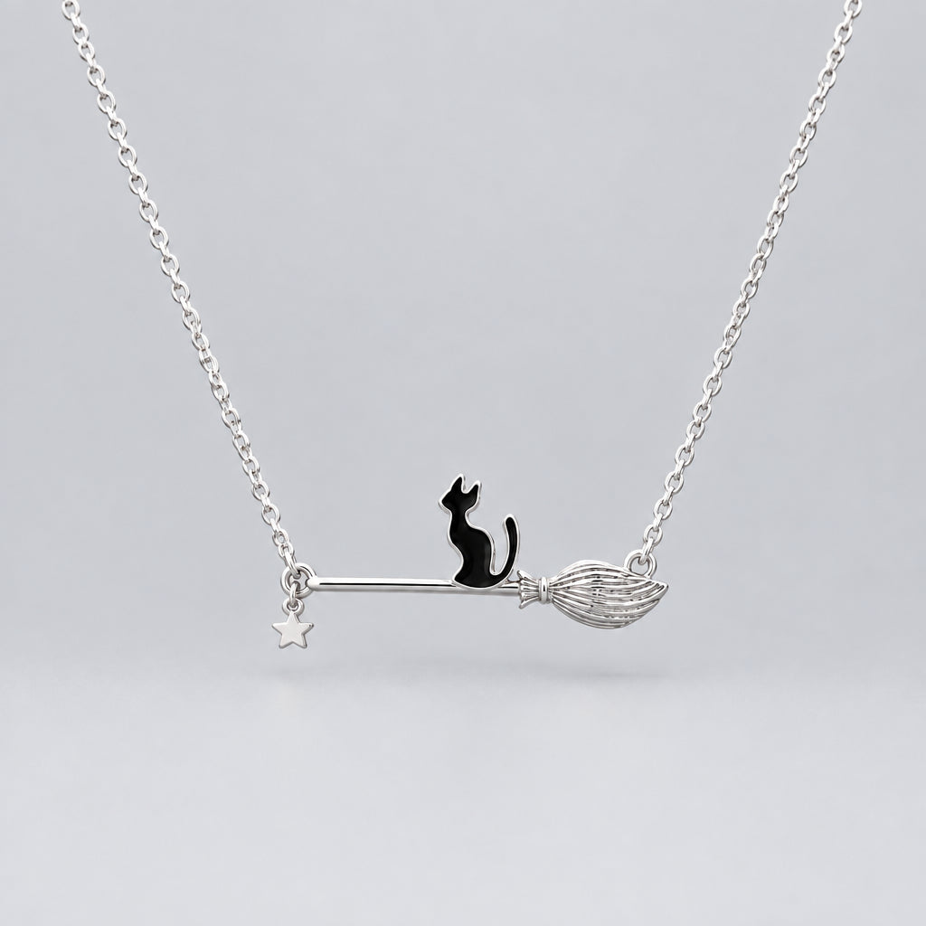 Necklace - Silver Tone - Black Cat on Witches Broom - with Dangle Charm