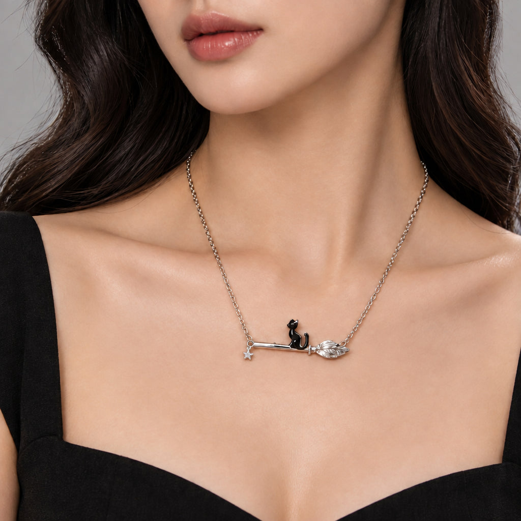 Necklace - Silver Tone - Black Cat on Witches Broom - with Dangle Charm