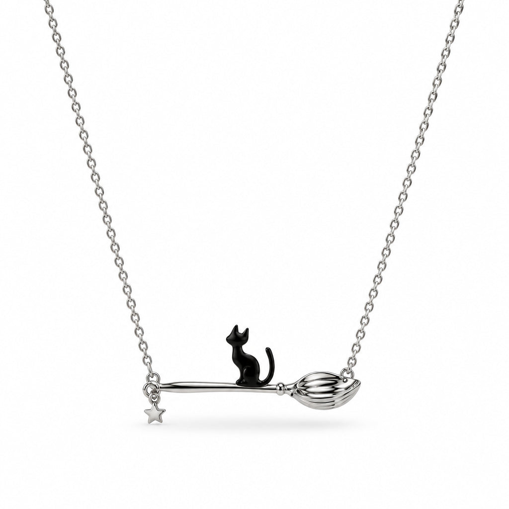Necklace - Silver Tone - Black Cat on Witches Broom - with Dangle Charm