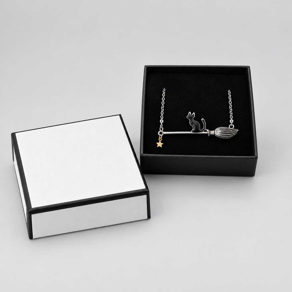 Necklace - Silver Tone - Black Cat on Witches Broom - with Dangle Charm