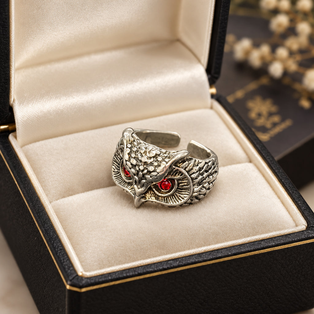 Ring - Silver Tone - Owl - with Red Rhinestone Eyes - Open Ended - Size 7