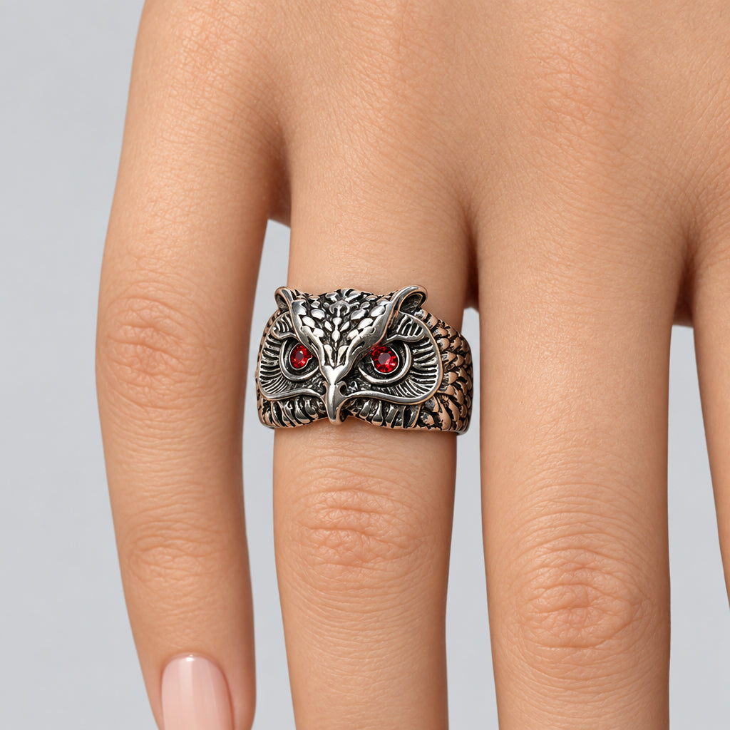 Ring - Silver Tone - Owl - with Red Rhinestone Eyes - Open Ended - Size 7