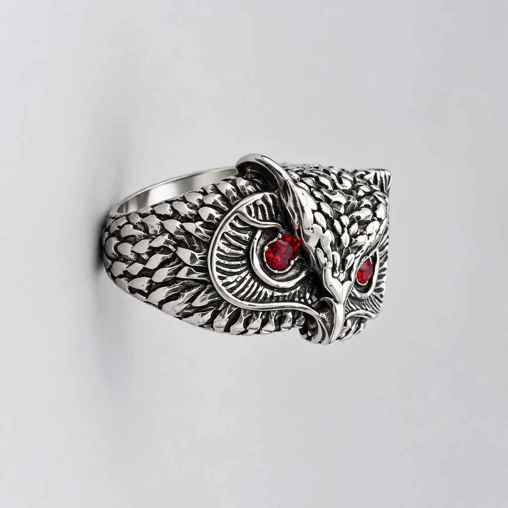 Ring - Silver Tone - Owl - with Red Rhinestone Eyes - Open Ended - Size 7