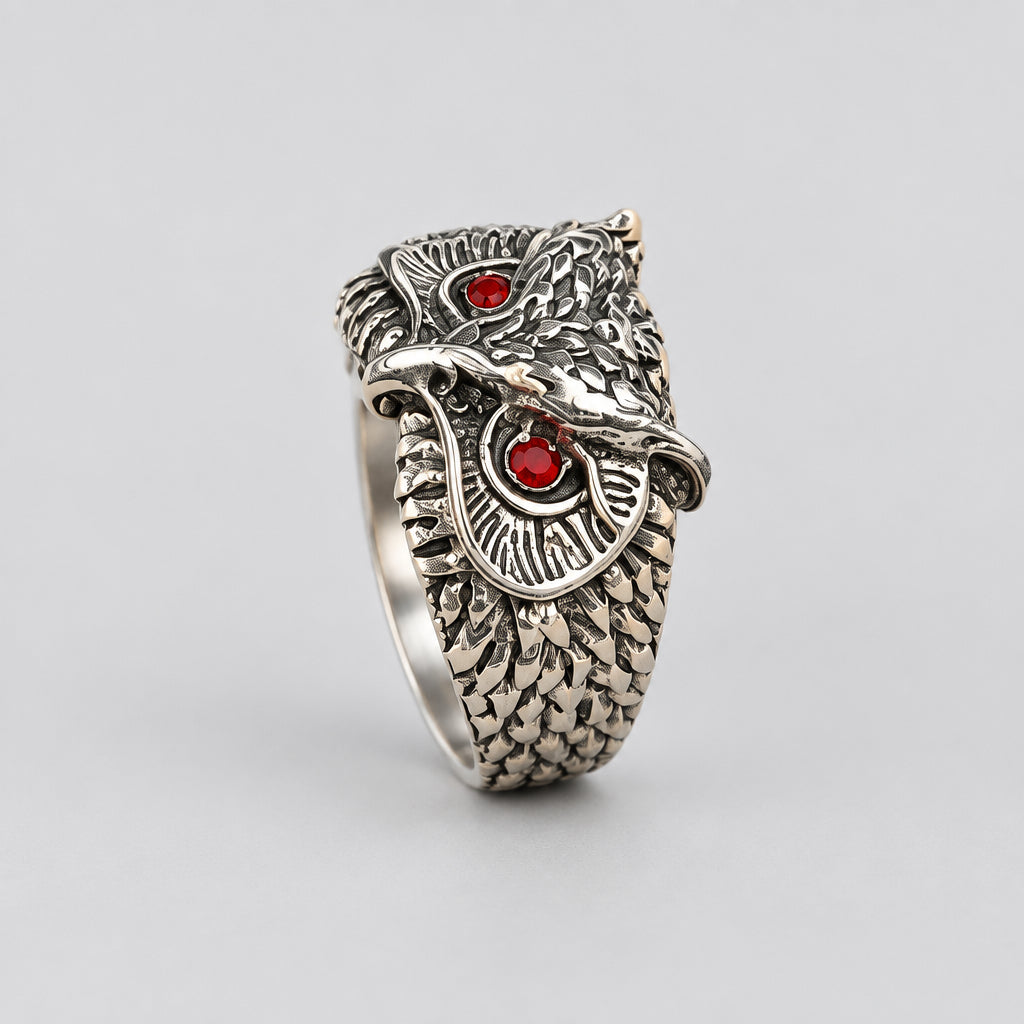 Ring - Silver Tone - Owl - with Red Rhinestone Eyes - Open Ended - Size 7