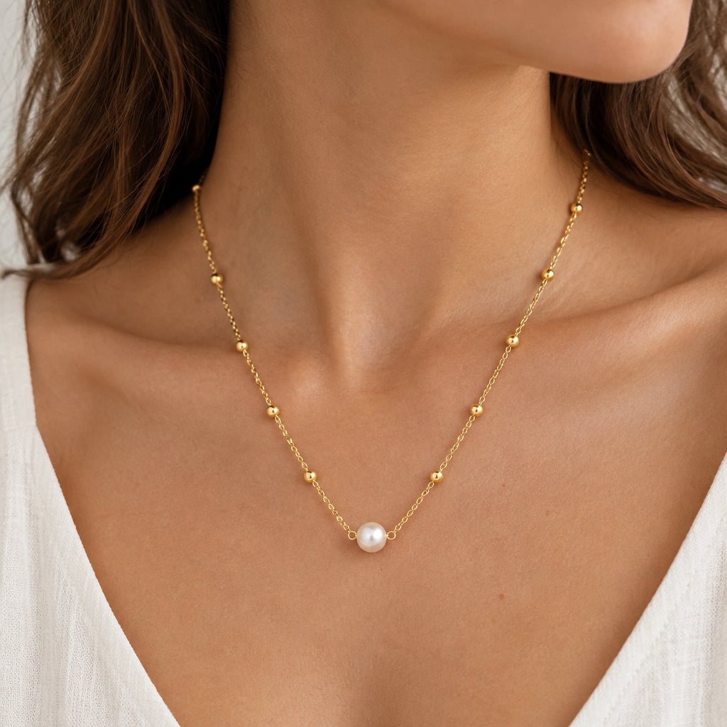 Necklace - Delicate - Gold Tone - Focal Faux Pearl Statement