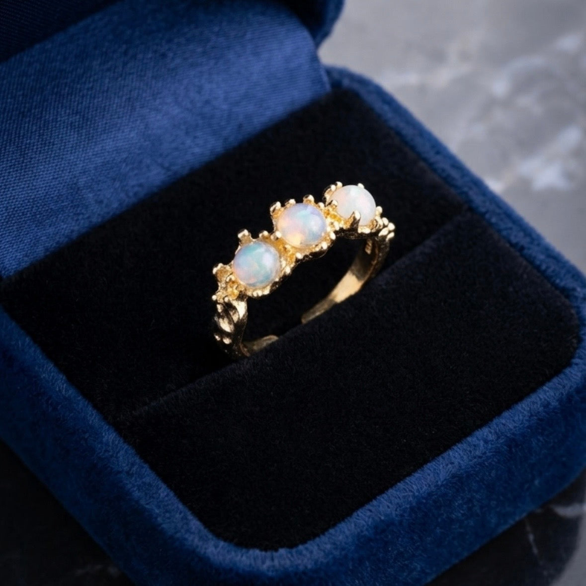 Ring - Gold Tone - Three Shimmering Iridescent Stones