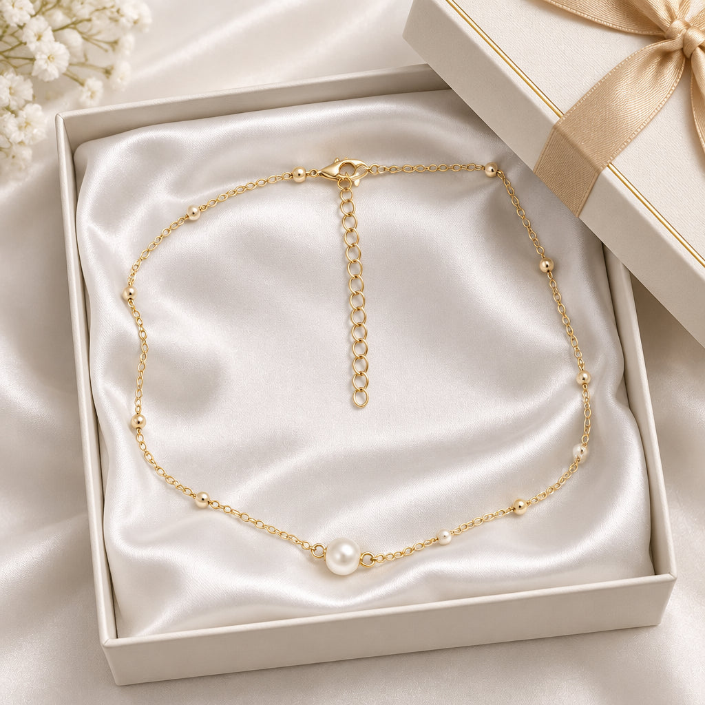 Necklace - Delicate - Gold Tone - Focal Faux Pearl Statement