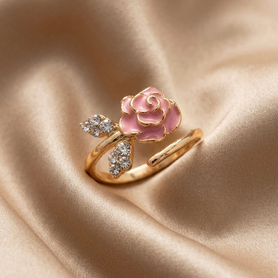 Ring - Pink Rose Themed Adjustable Gold Tone with Rhinestone Accents - Size 8