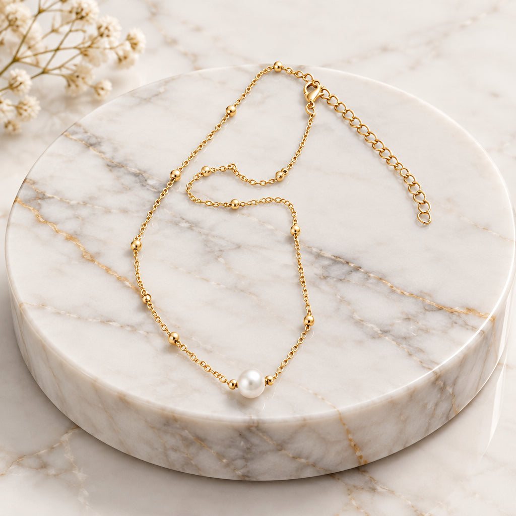 Necklace - Delicate - Gold Tone - Focal Faux Pearl Statement