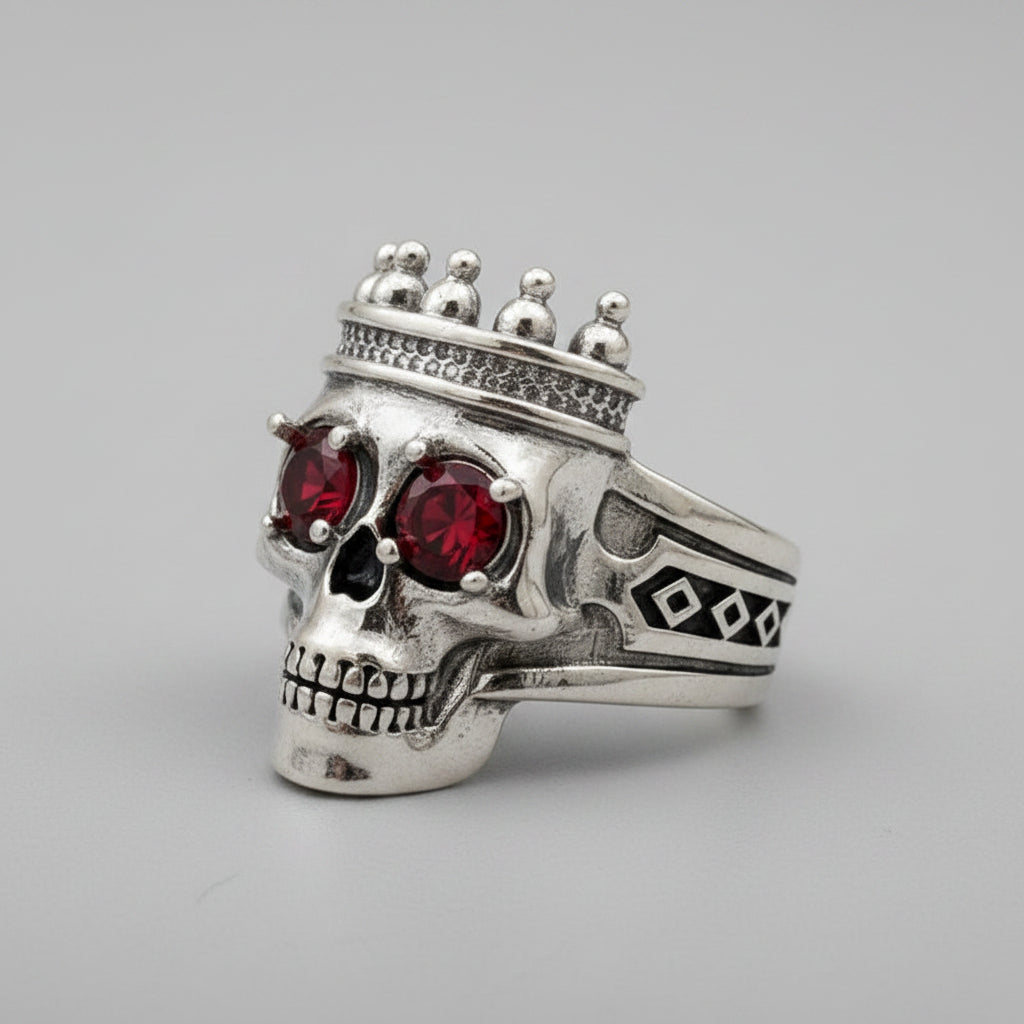 Ring - Silver Tone Skull with Red Gem Eyes - Size 10