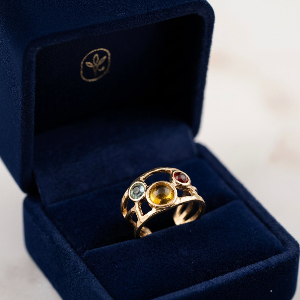Ring - Adjustable - Open Ended Mesh Inlaid with Three Colorful Stones
