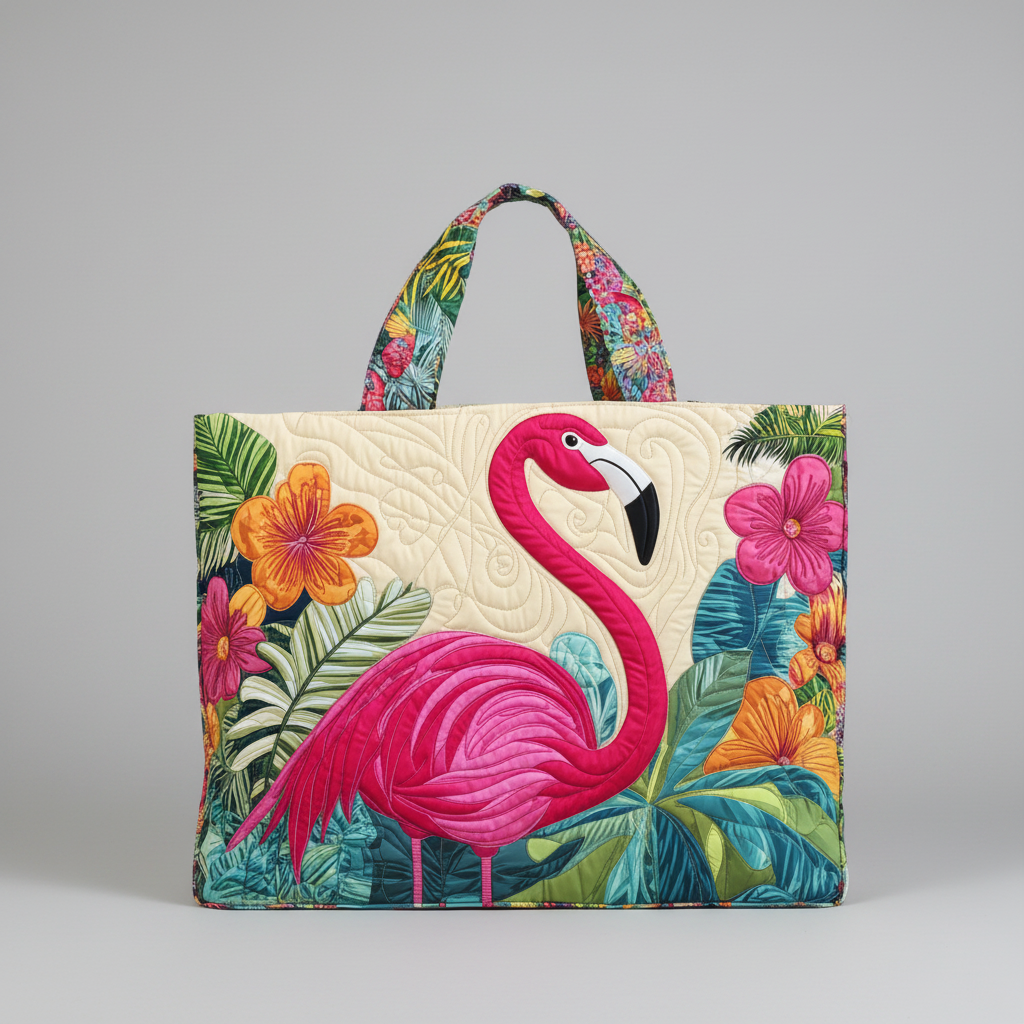 Flamingo CANVAS Faux Quilted Look Tote Bag with Zipper Closure