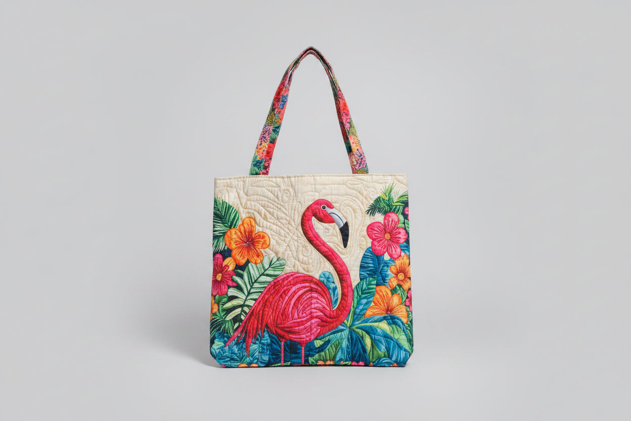 Flamingo CANVAS Faux Quilted Look Tote Bag with Zipper Closure