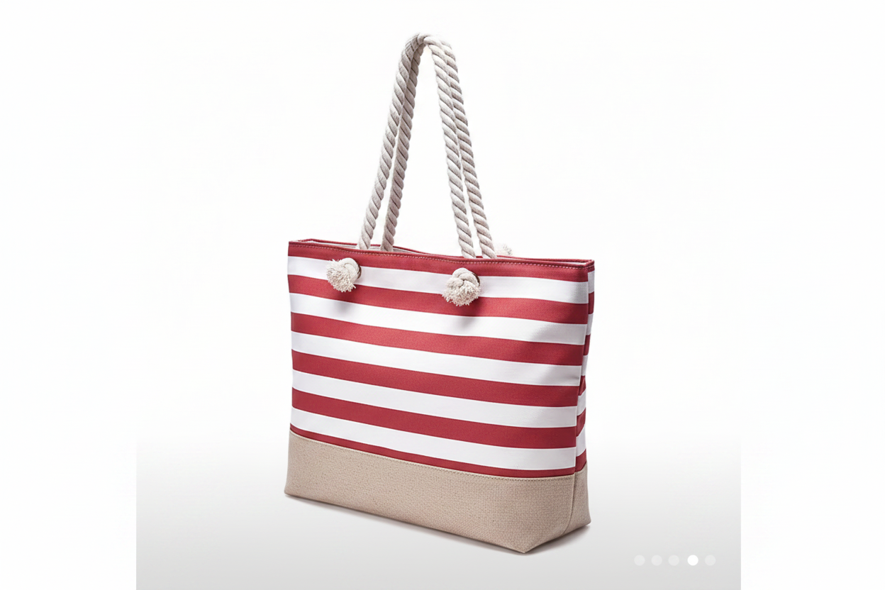 Large Striped Shoulder Bag - Rose Red and White - Tote Bag