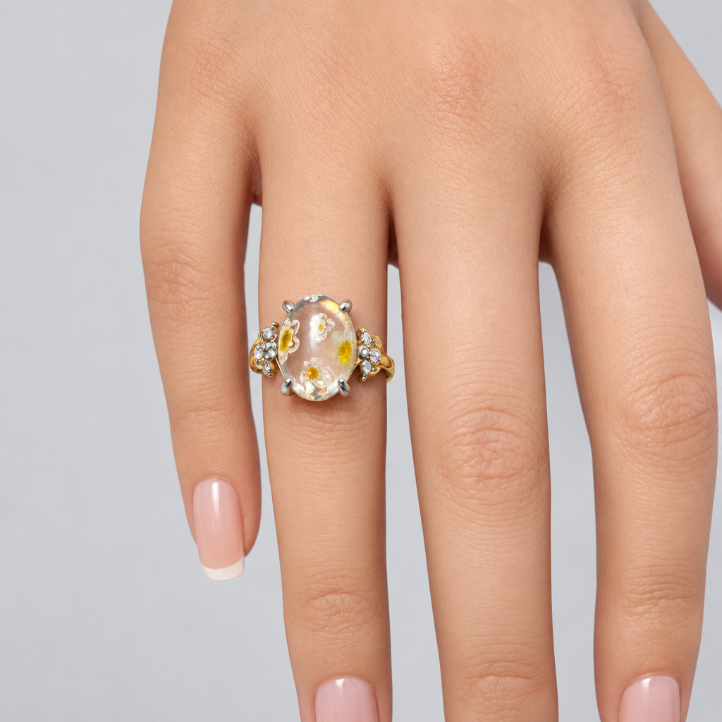 Rings - Sterling Silver - Mosaic - Yellow - Floral Pattern - encased in clear glass - Size 6.5