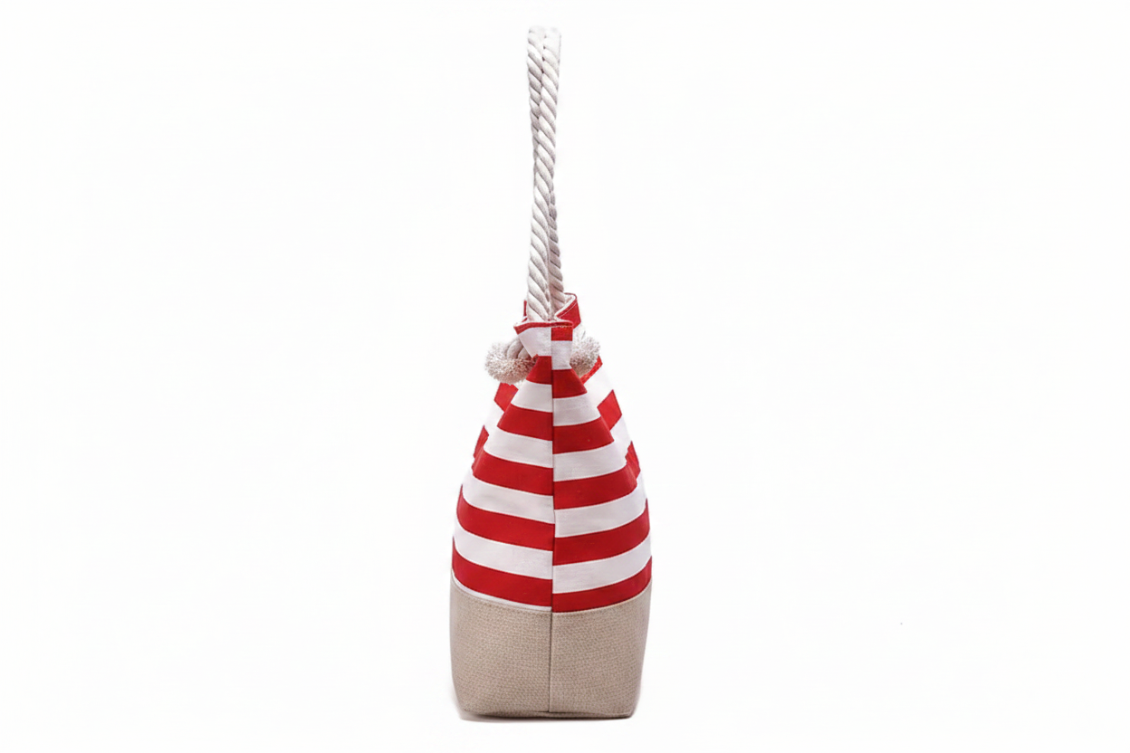 Large Striped Shoulder Bag - Rose Red and White - Tote Bag