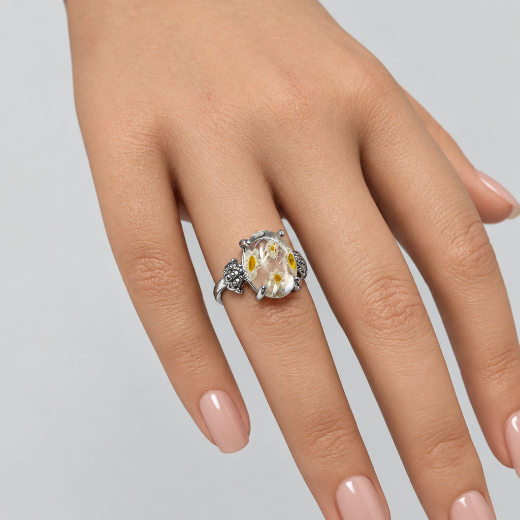 Rings - Sterling Silver - Mosaic - Yellow - Floral Pattern - encased in clear glass - Size 6.5