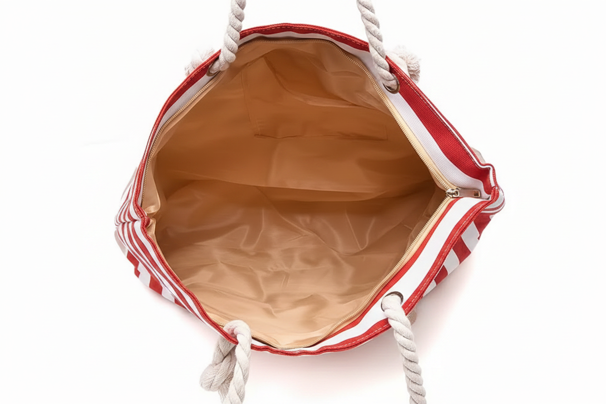 Large Striped Shoulder Bag - Rose Red and White - Tote Bag